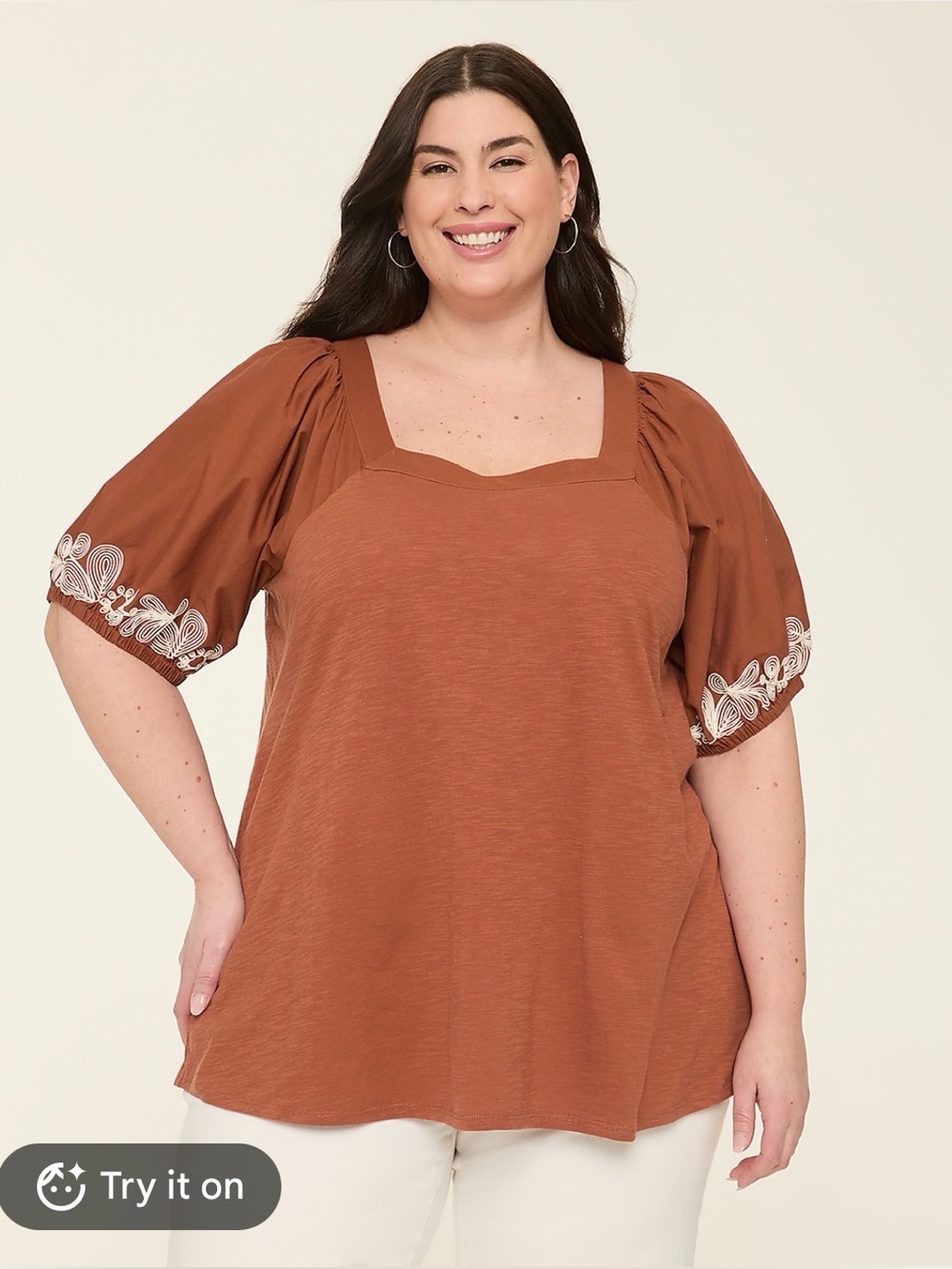 Lane Bryant 18/20 Rust Embroidered Puff Sleeve Square Neck Top Cotton
